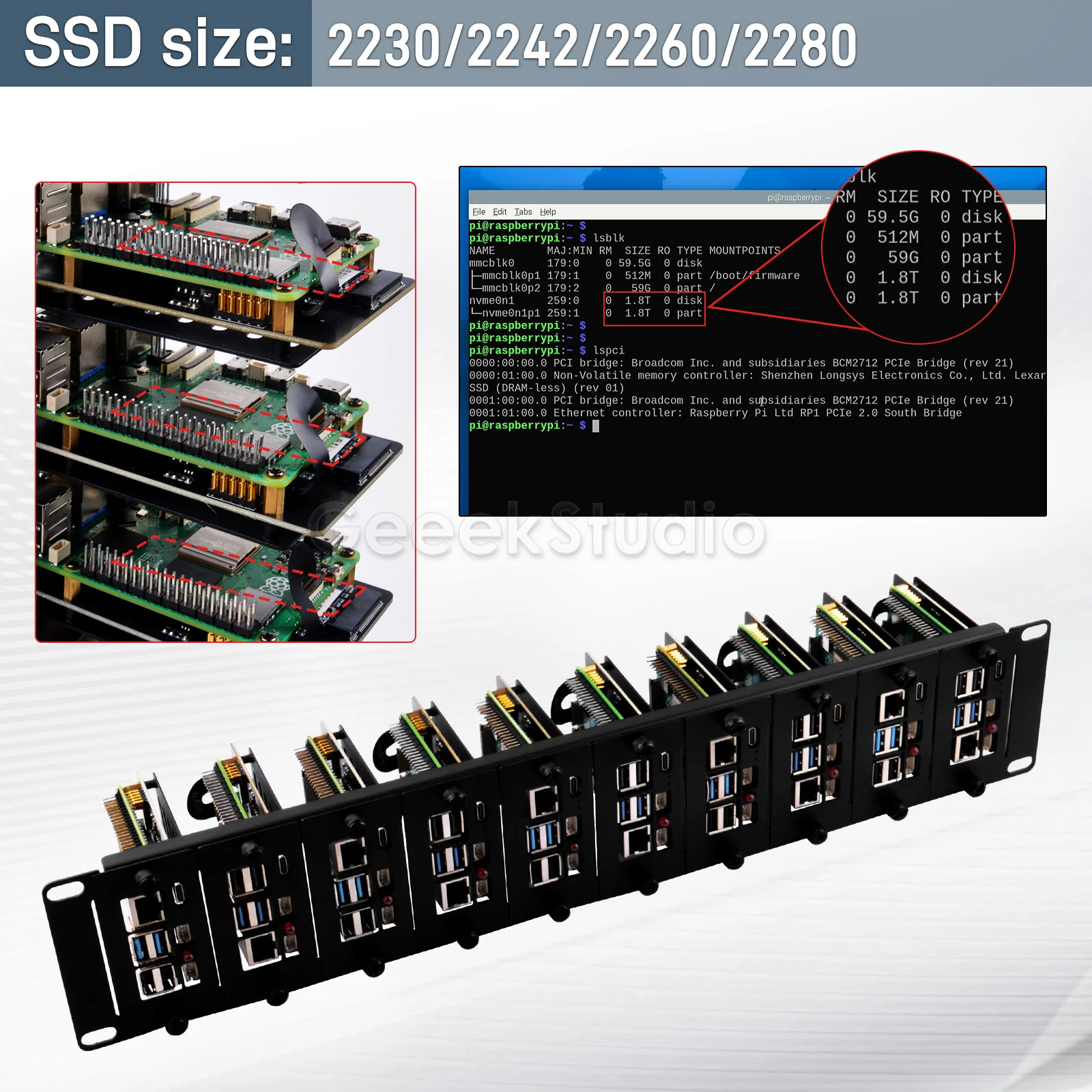 2U Rackmount Steel Bracket Kit for Raspberry Pi 5 10 Slots M.2 NVMe SSD 2230/2242/2260/2280