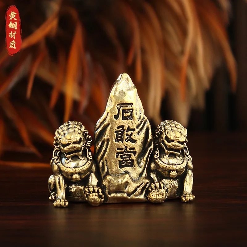 Brass Stone Guardian Figurine with Double Lions, Mount Tai Style, for Home Protection, Corner Supplement, and Office Decoration,