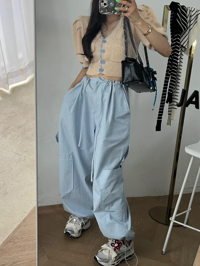 Trendy Dstring Arbeit Hosen frauen Herbst Neue Amerikanische Retro Street Design Große ket Cuffed Casual Hosen Faionable