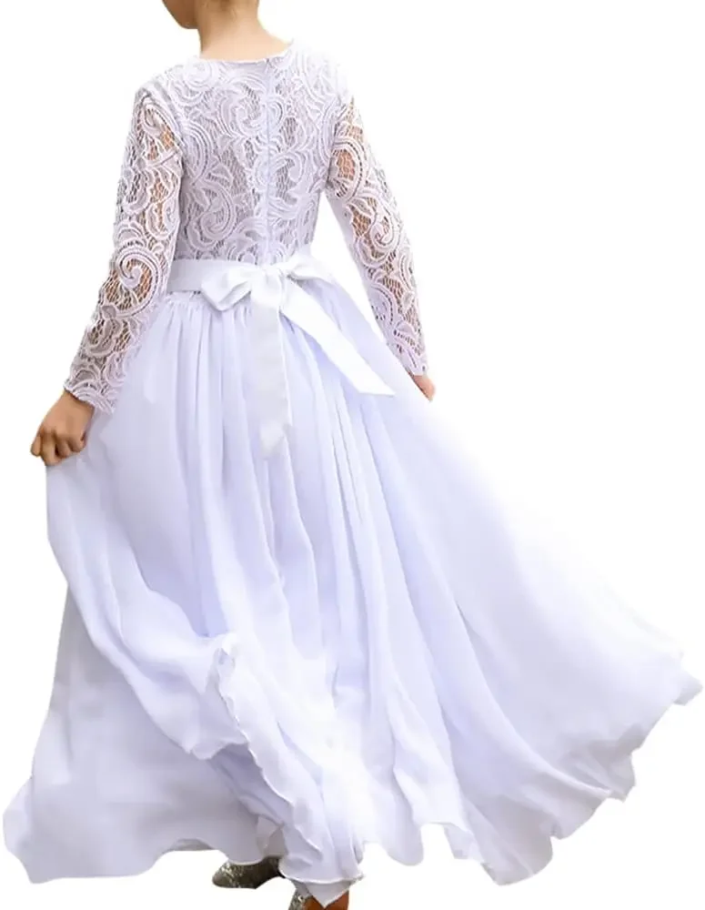 Fancy First Communion Flower Girl Dress Boho Chiffon A-line White Bridesmaid Dresses Wedding Party 2-12 Year Old