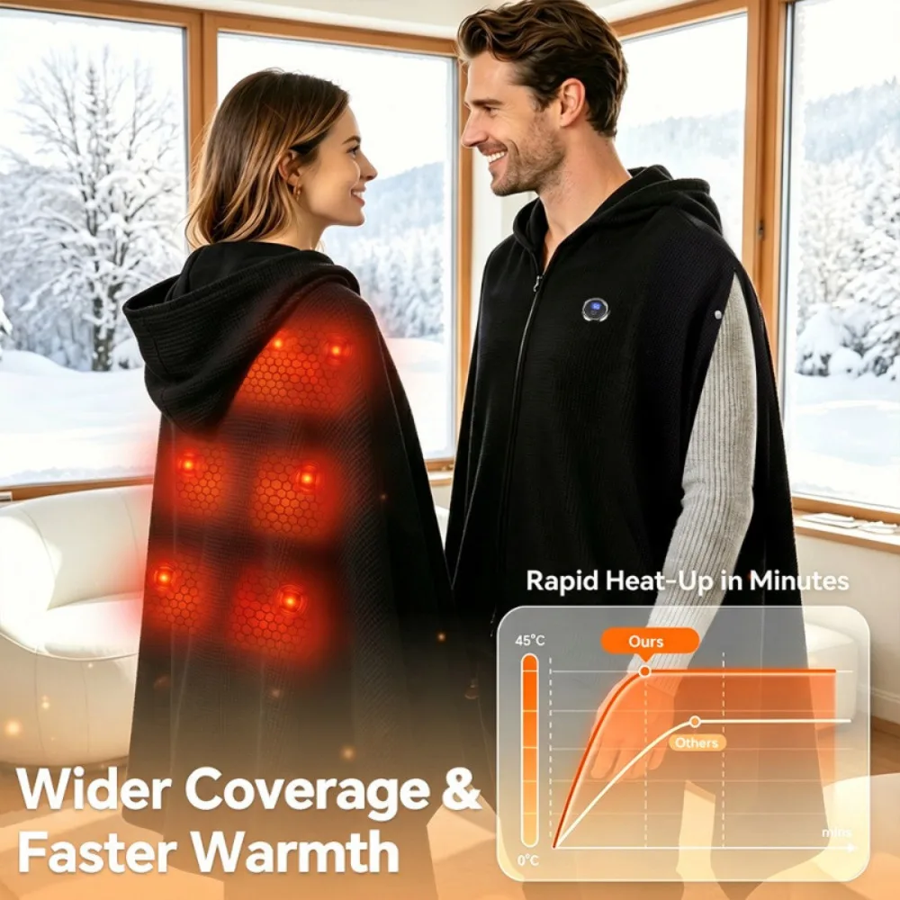 Graphene Electric Heated Wearable Blanket USB Charging with Hoodie Heating Wrap Blanket Black Windproof USB Heated Shawl Office