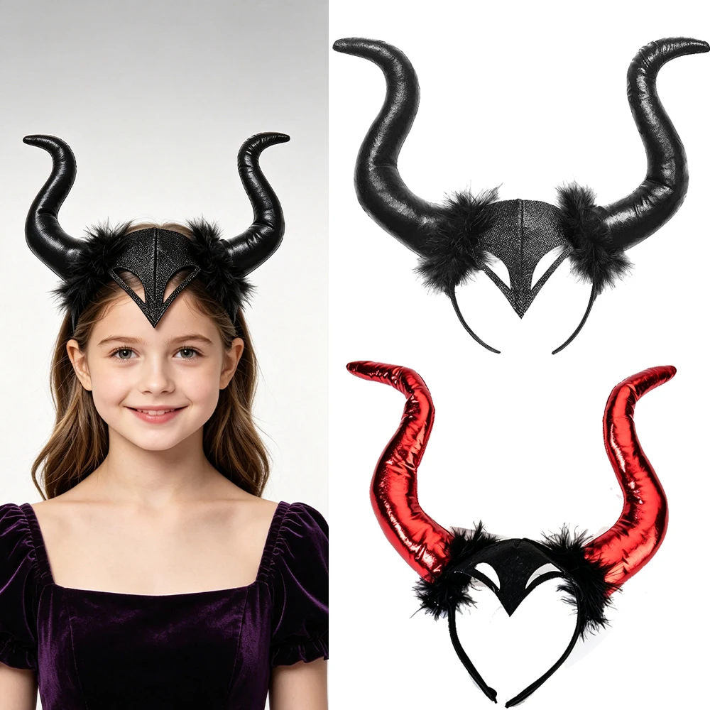 1Pc/3Pcs Black Red Witch Horns Headband With Fur Halloween Cosplay Prop Costume Accessory for Kids Party Stage Performance