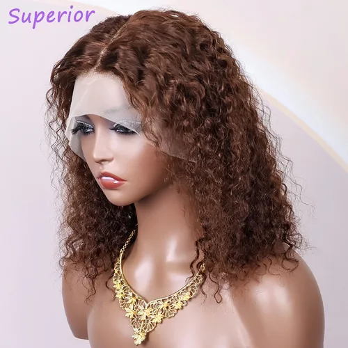 Peluca con malla frontal Bob marrón Chocolate 13x4, pelucas con malla frontal húmeda y ondulada, cabello humano rizado, pelucas frontales de encaje transparente prearrancadas # 4