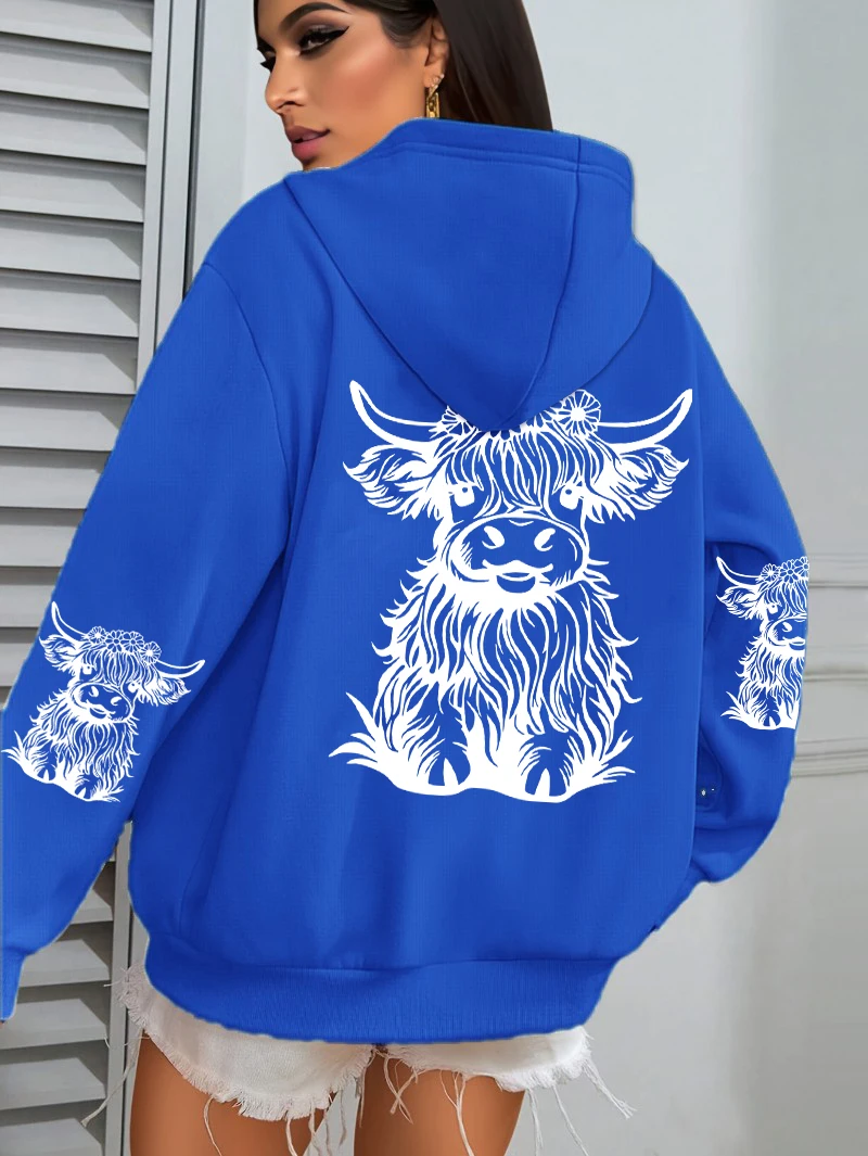 Niedliche Kuh-Haarmotiv-Kapuzenpullover mit Cartoon-Druck für Damen, Fleece-Herbst-Streetwear, bequemer lässiger Hoodie, Y2K-Taschen-Kapuzenpullover, vielseitig kombinierbar – Detail 14