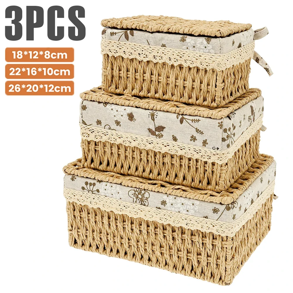 3-teiliges Set Rattan-Aufbewahrungskörbe, Stapelbare Körbe für Lebensmittel, Handtücher, Kleidung, Kosmetik, Rechteckige Aufbewahrungsbox für Haushalt und Küche