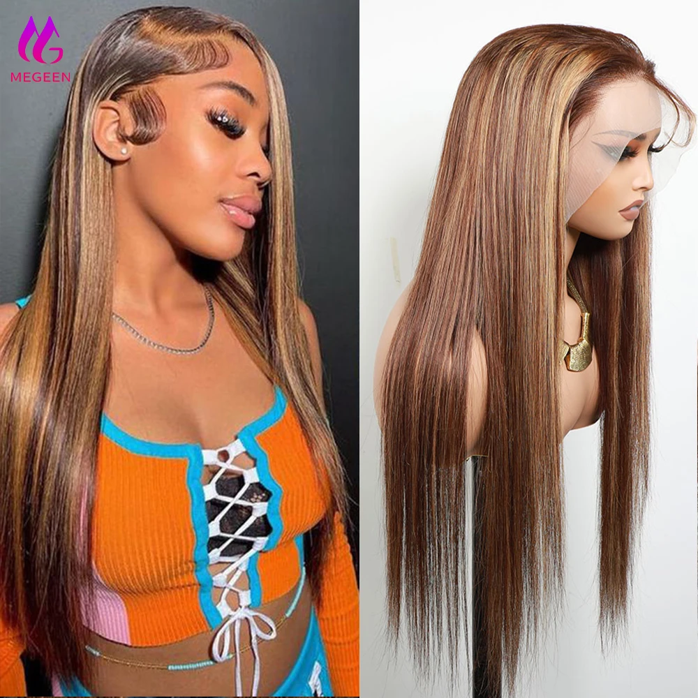 

Megeen Highlight P4/27 Honey Blonde Straight Lace Front Wig 13X4 Transparent Lace Frontal Wig Human Hair Colored Ombre Wigs Remy