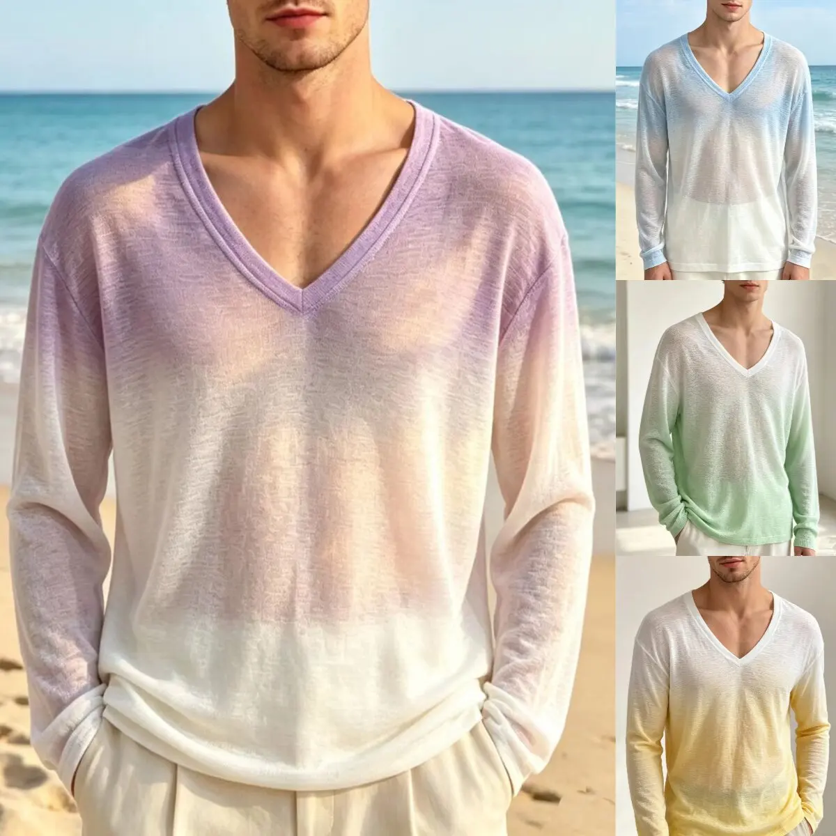 Men Slightly Transparent Shoulder-down Perspective Gradual Change T-shirt Breathable Light Bottoming Shirt Sunscreen Shirt