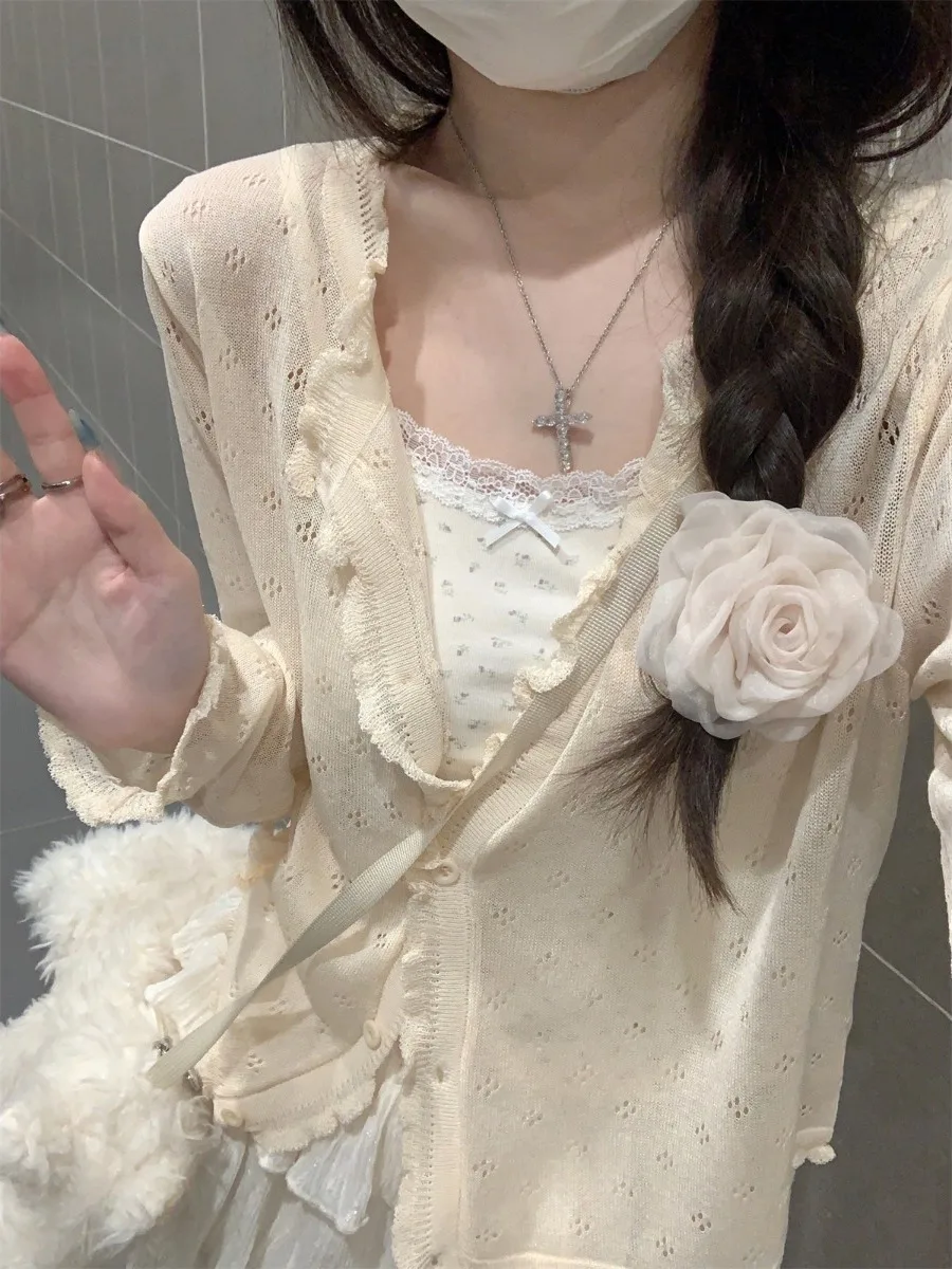 

Korean Style Women's Light Weight Short Sleeve Knitted Sun Protection Top Spring Autumn Outerwear Chic Long Sleeve Open Cardigan
