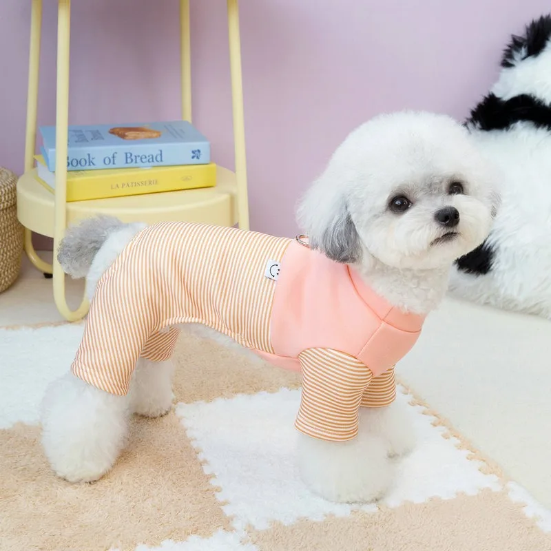 Pink Striped Dog Bodysuit Winter Puppy Warm Clothing Teddy Four Legs Clothes Pet Homewear Puppy Puller Costume