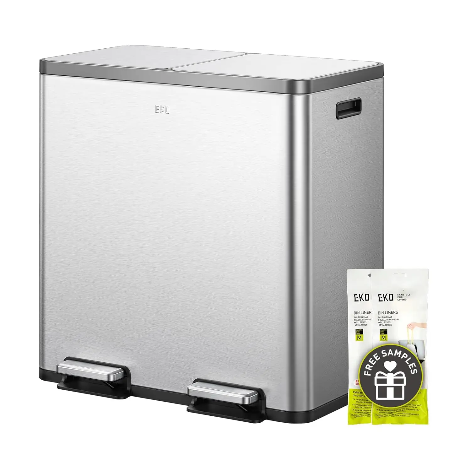 

Large Dual Compartment Stainless Steel Step-On Trash Can with Soft-Close Lids, Odor-Proof and Fingerprint-Resistant