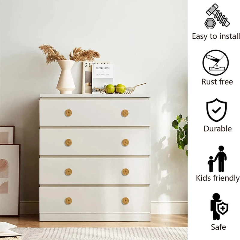 ABRE-8 Pak Boho rotan kenop untuk lemari laci kabinet kayu kenop untuk dekorasi anyaman Boho rotan laci tarik