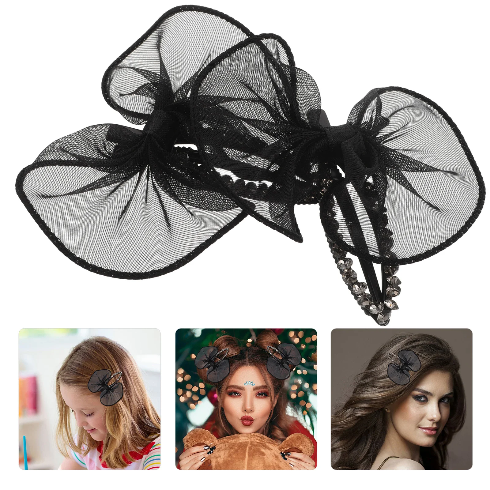 

2Pcs Elegant Black Bow Hair Clips Rhinestone Tulle Design for Women Sparkly Bridal Party Accessories Rhinestone Hair Bow