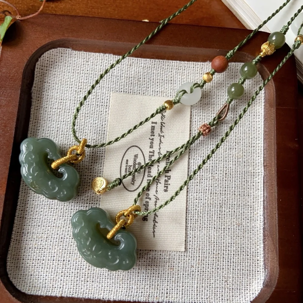 Natural Hetian Jade Lucky Necklace String Charms Handmade Fortune Energy Mineral Woman Amulet Jewelry Gift 1PCS