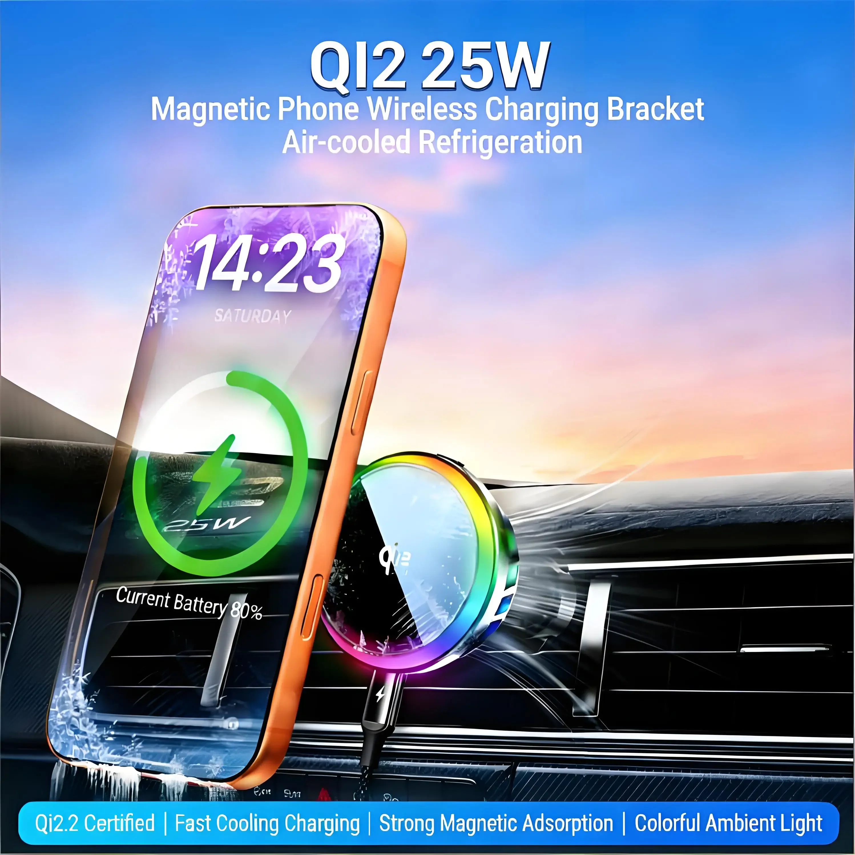 Magnetic 25W Wireless Car Charger Air Vent Phone Holder Stand with  RGB Ambient Light For iPhone 17 16 Pro Max 15 14 13