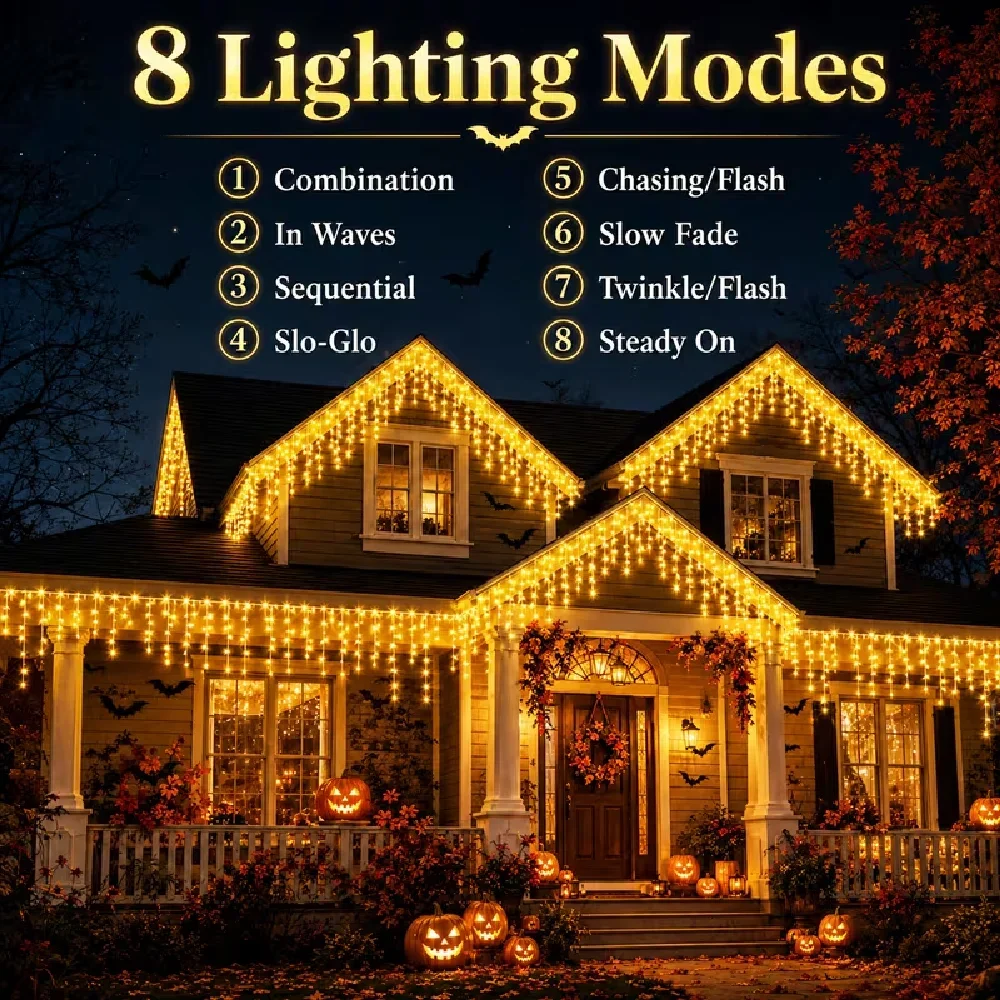 96/162/216-LED Solar Icicle Fairy String Lights Outdoor Light Strip with 8 Lighting Modes Hanging Christmas Decorative Lights