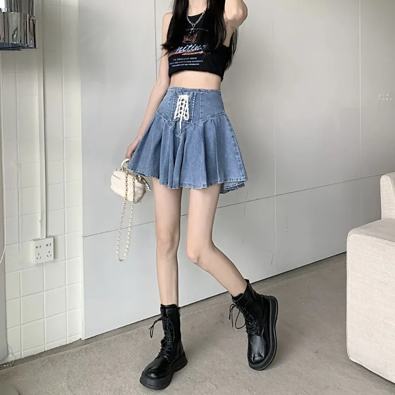 Bandage Denim Mini Skirt for Women Summer Fashion French Style  A-line Pleated Shorts Skirt Blue Vintage Clothing Y2k