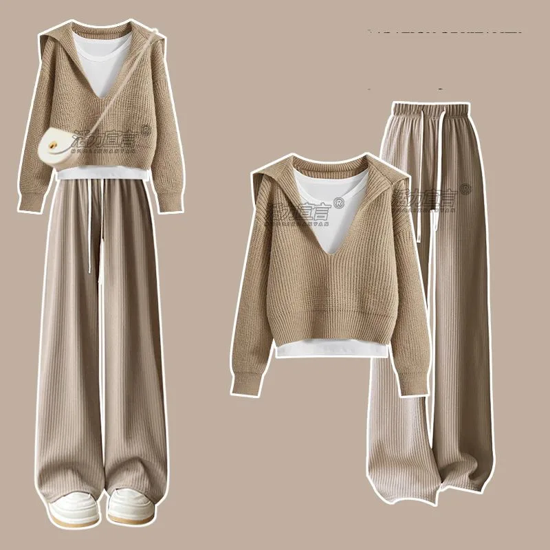 2024 Autumn/Winter Korean Edition New Women\'s Set Lazy Style Knitted Sweater+Casual Wide Leg Pants 3-Piece Set Trendy