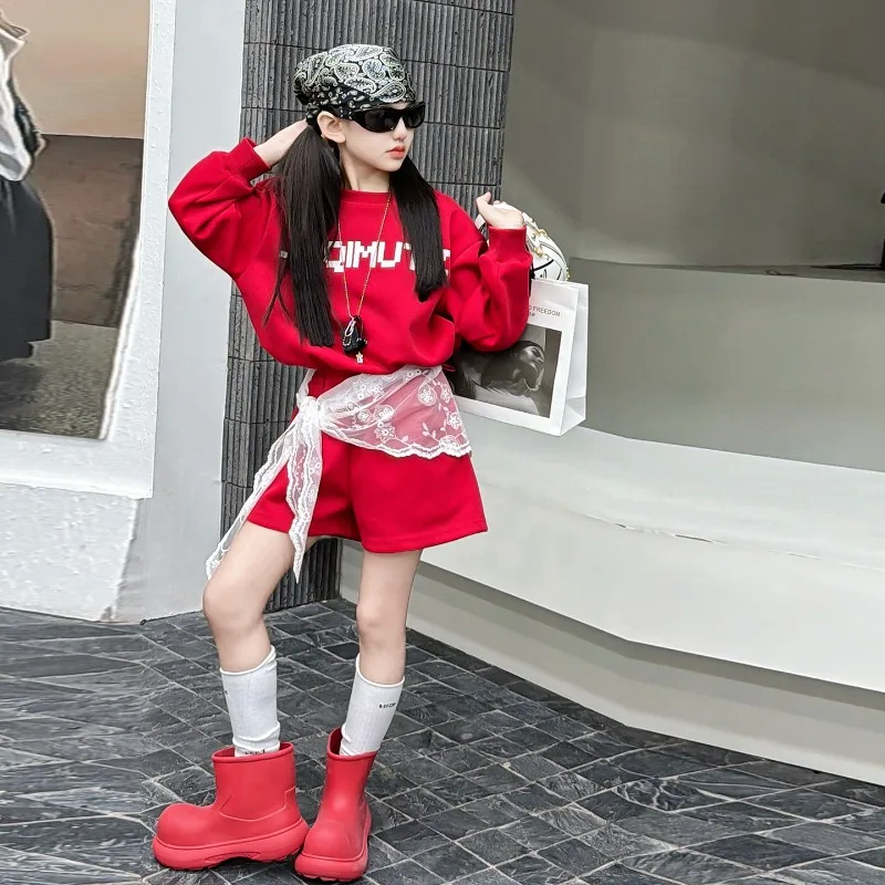 2026 New Korean Style Personalized Casual Long-sleeved Sweater + Shorts + Scarf Three-piece Spring and Autumn Children's Set