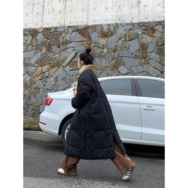 Vintage Khaki Long Down Jacket Women Winter Korean Single-breasted Loose Thickened Parkas Fashion Black Casual Lady Outwear