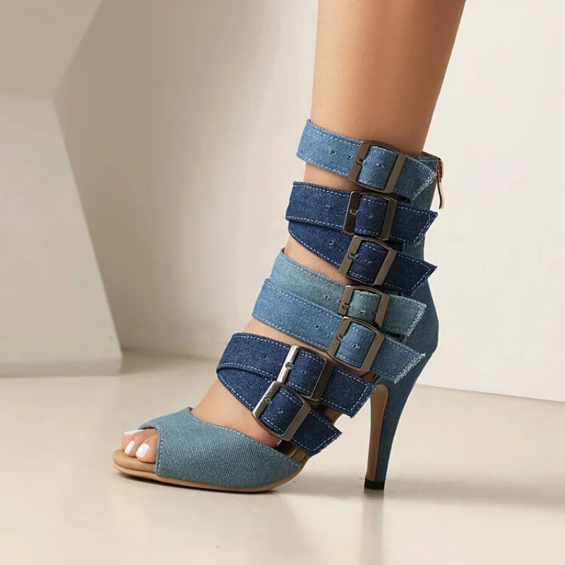 New Belt Buckle Color Blocked Denim Sandals European American Fashionable Back Zipper Jazz Latin Dance Short Boots Size 35-46