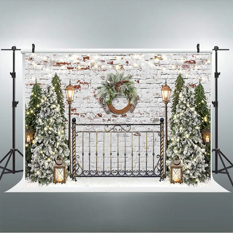 クリスマスの写真の背景,ヴィンテージ,白レンガの壁,木,花輪のポートレート写真のアクセサリー