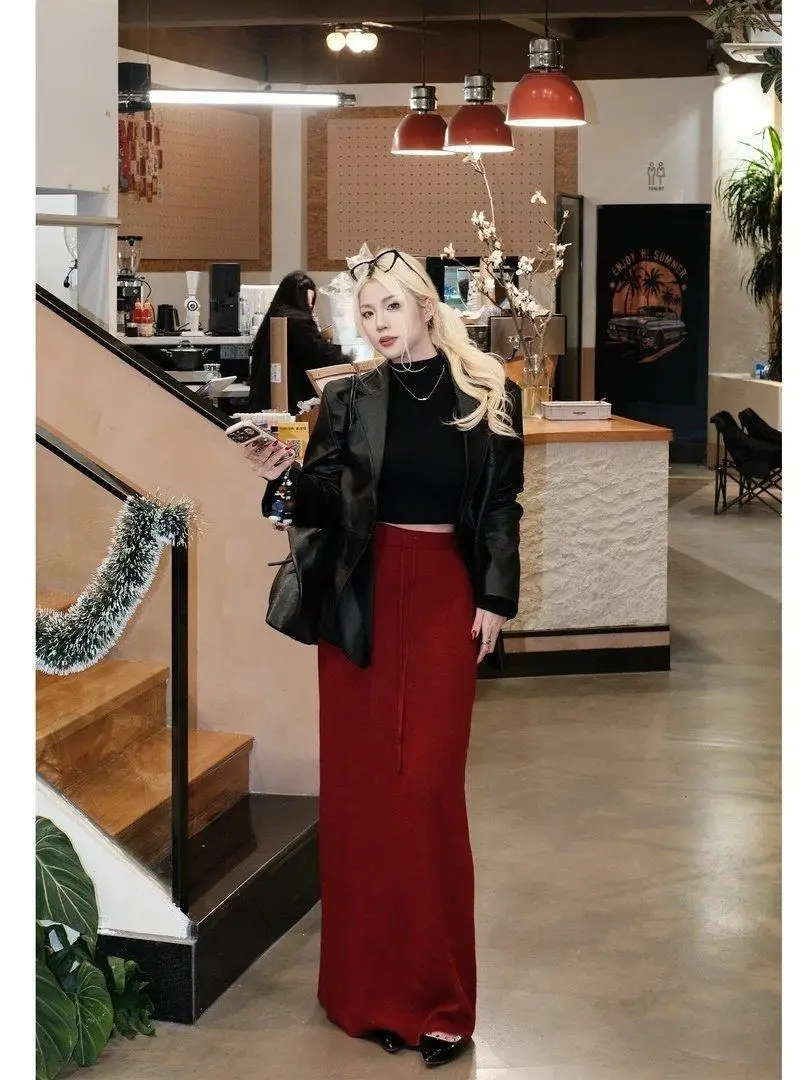 

Юбка А-силуэта с высокой талией, вязаная, женская, модная, универсальная, стройнящая, в корейском стиле, для повседневной носки, приталенная, весенняя