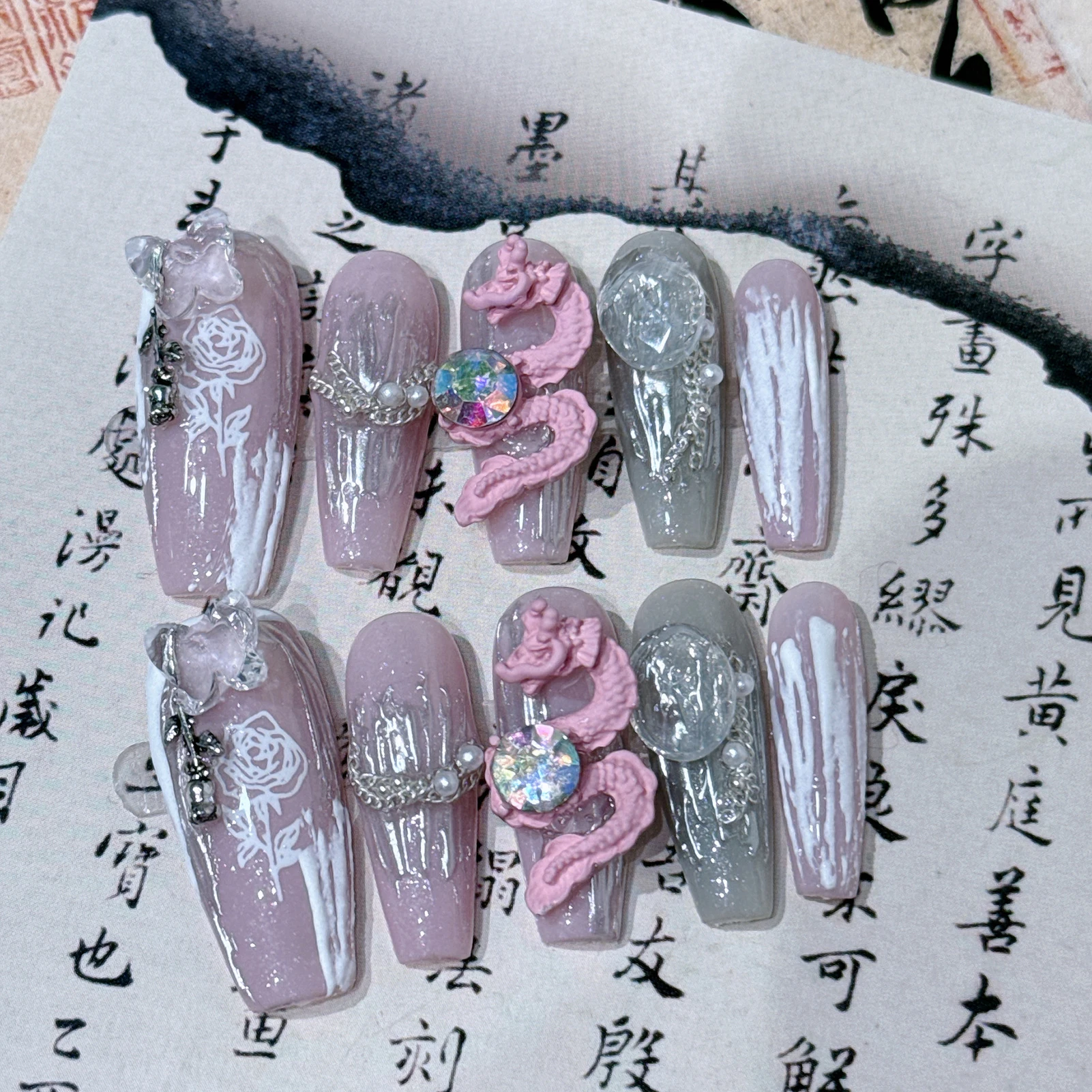 10pcs Handmade Press On Nails Coffin Fake Nails 3D Dragon Decor Charms French Ballet Nail Tips Rhinestones Manicure Nail Art