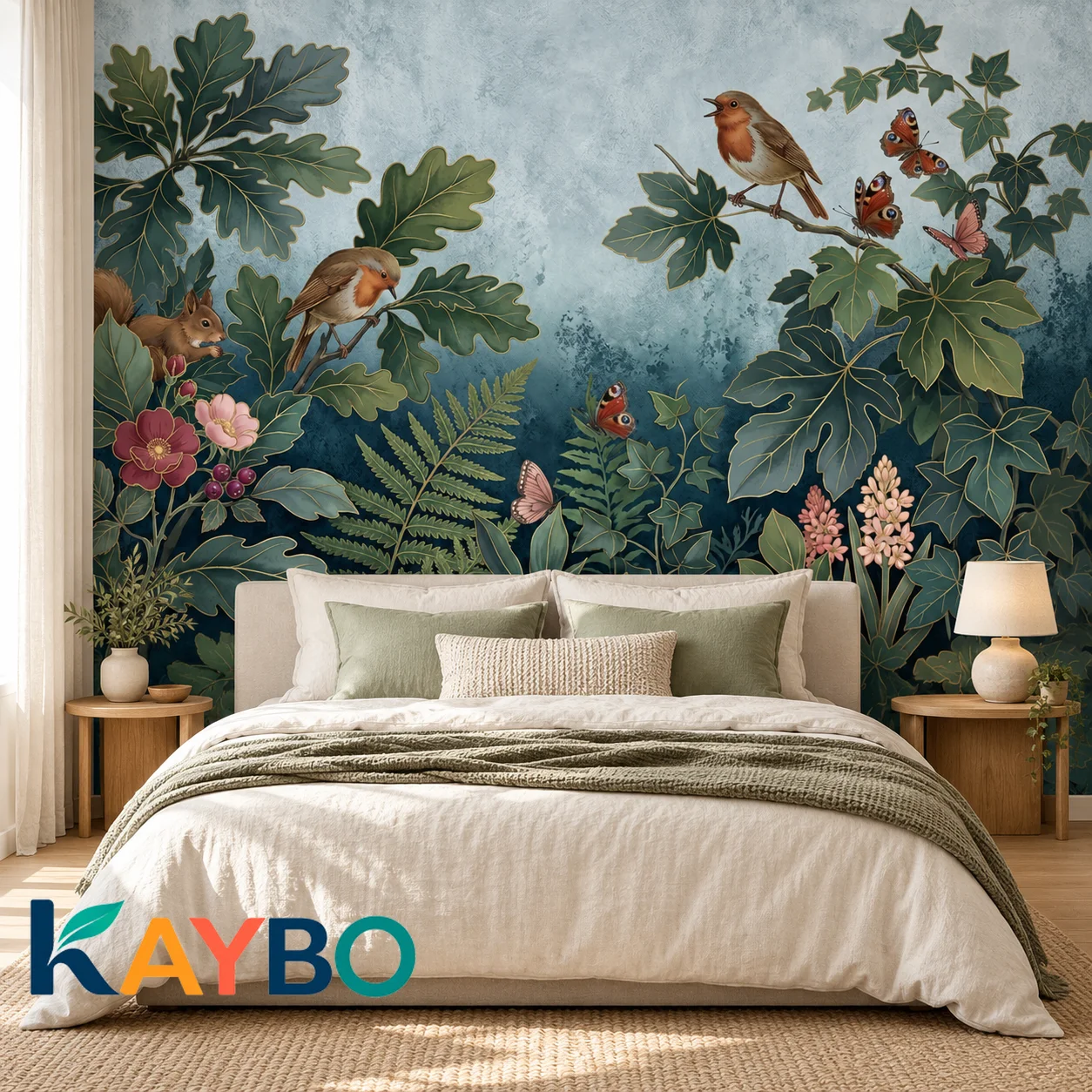 Botanical Wallpaper Mural Vintage Forest Birds Green Leaves Natural Wall Decor Non Self Adhesive Living Room Bedroom Accent Wall