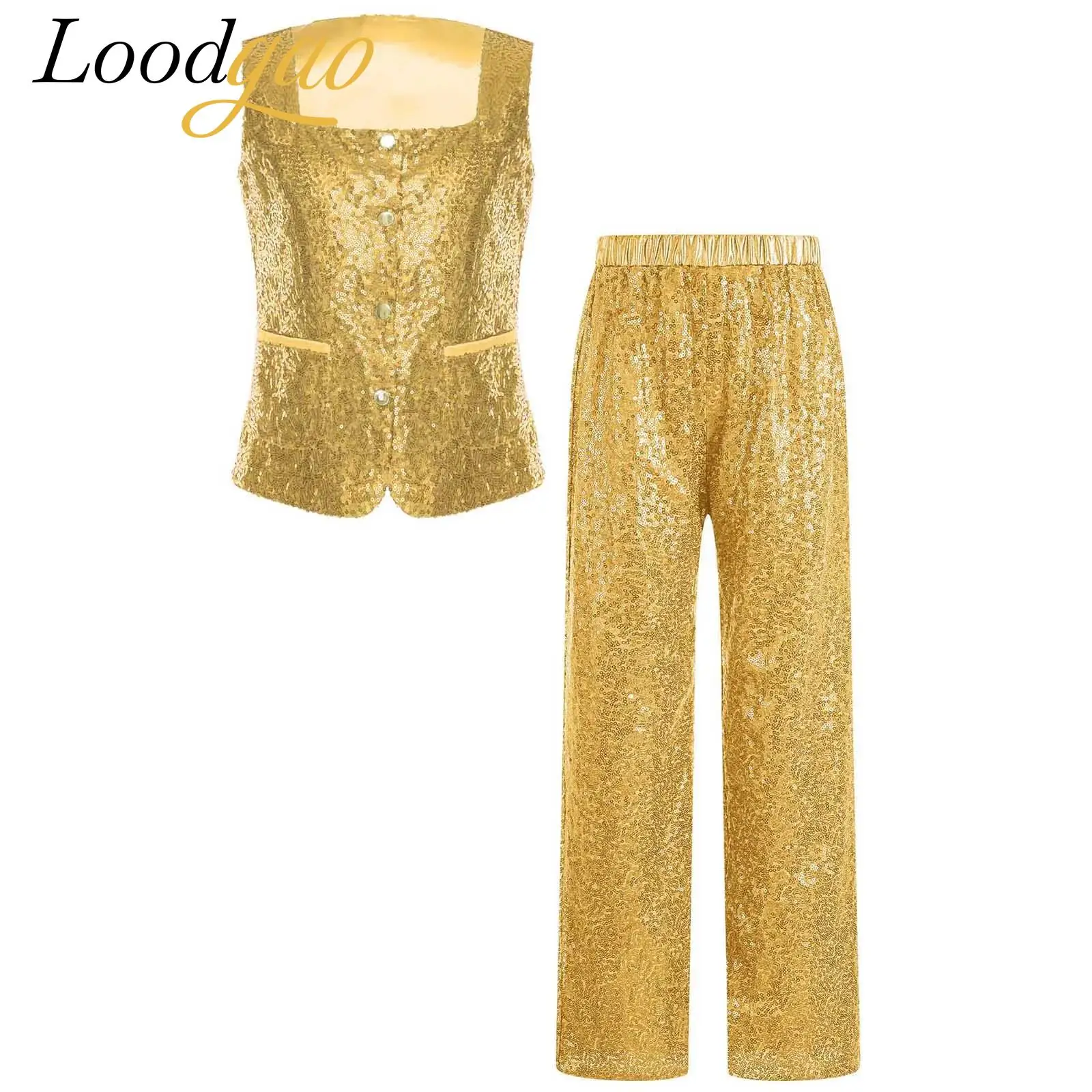 

Kids Girls Festival Costume Sleeveless Sequins Sparkly Party Outfit Carnival Stage Performance Hip Hop Jazz Dance Costumes
