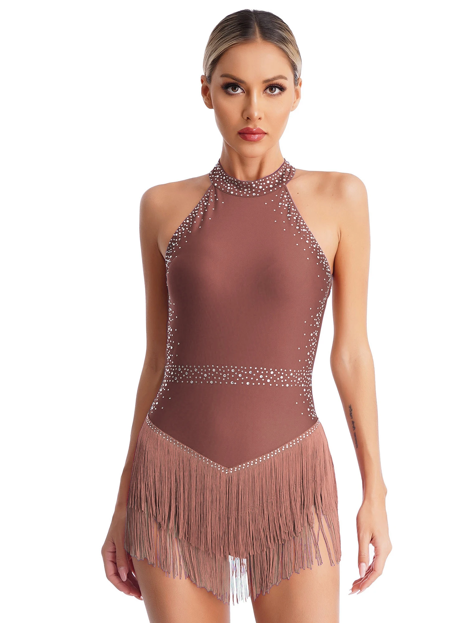 ผู้หญิงแขนกุดBacklessเลื่อมFringeบอดี้สูทห้องบอลรูมLatin Jazz Tango Salsa Danceเครื่องแต่งกายห้องบอลรูมDancewearเวทีสวมใส่