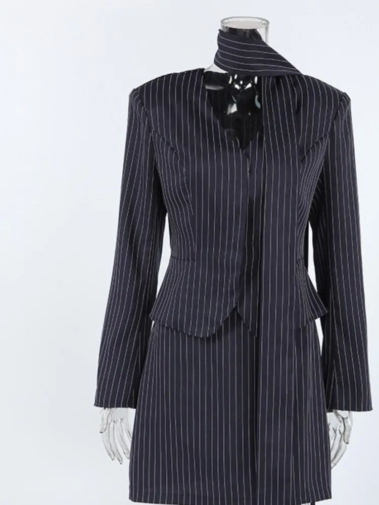 Two Piece Set Woman Contrast Striped Long Sleeves Tops Short Skirts Package Hip Slim Temperament Commuting 2 Piece Set Outfit