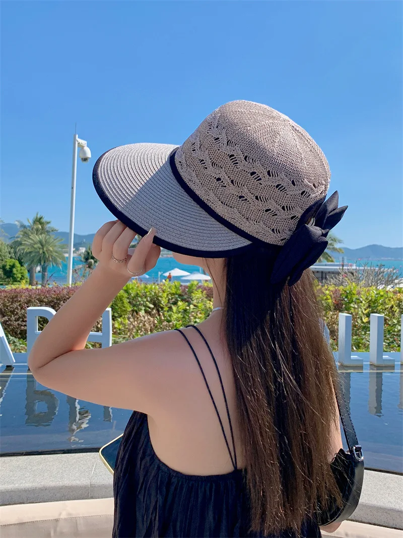 Women Ponytail Straw Sun Hat Wide Brim Visor Summer Adjustable Cap Sun Beach Foldable Hats