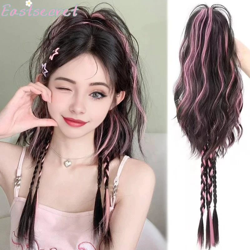 EAST Y2K Synthetic Ponytail Wig Pink Blue Highlighted High Ponytail Simulation hair Half Tied Curly Hair Trendy Hot Girl Hairsty