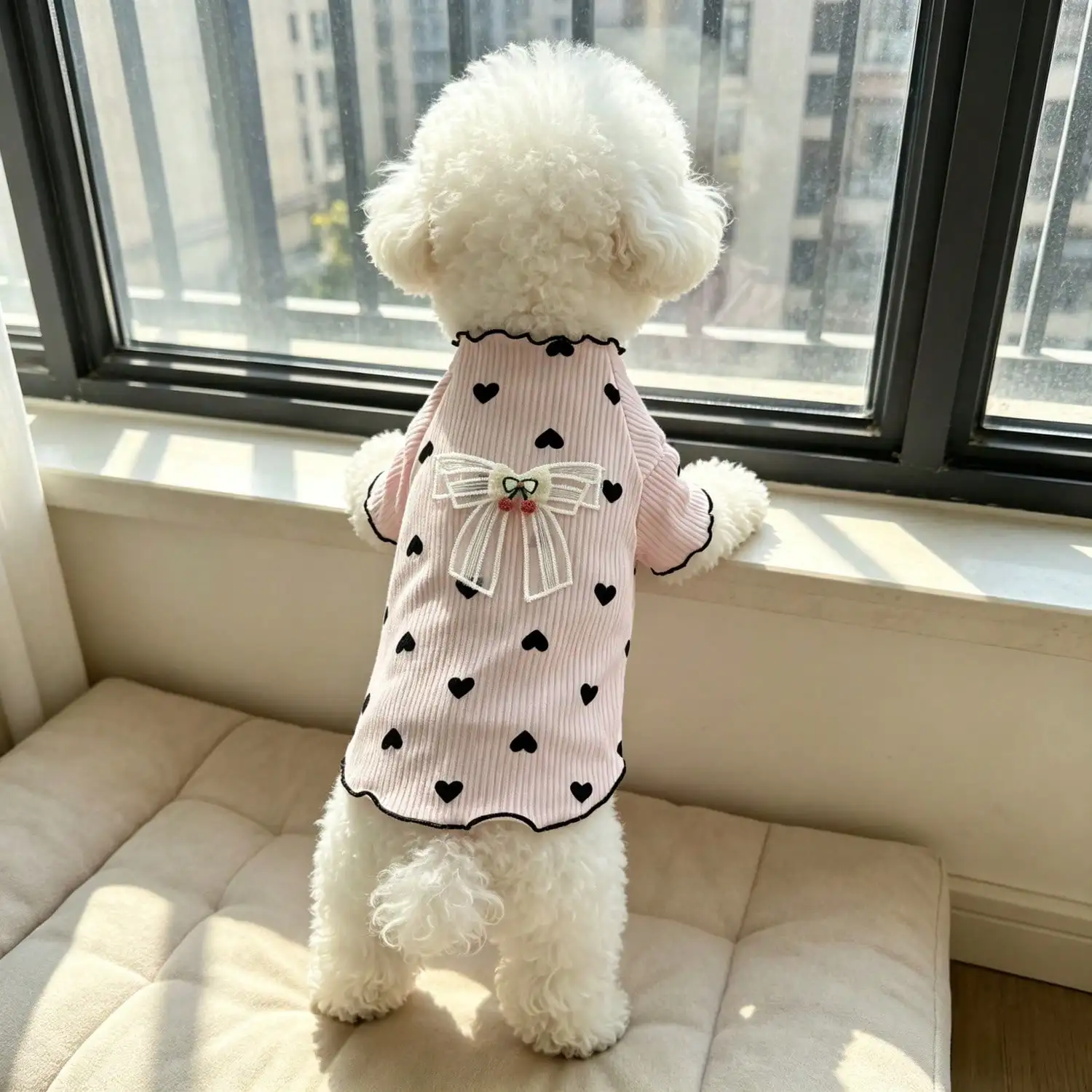 1 Stück Haustier-Hundetop mit Herz-Print, Rüschenbesatz, niedlicher Netzschleife und Kirschdekoration, Pullover-Shirt, weiche Strickkleidung – Detail 12