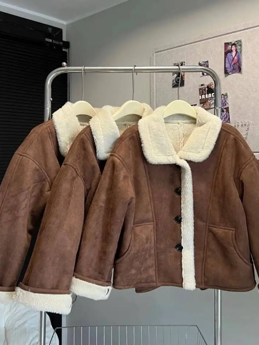 

Women's Thiened Fce Lined Suede Jaet Winter Coat Korean Sle Ring Skin Fur Inteated Cotton Clothes Long Sve