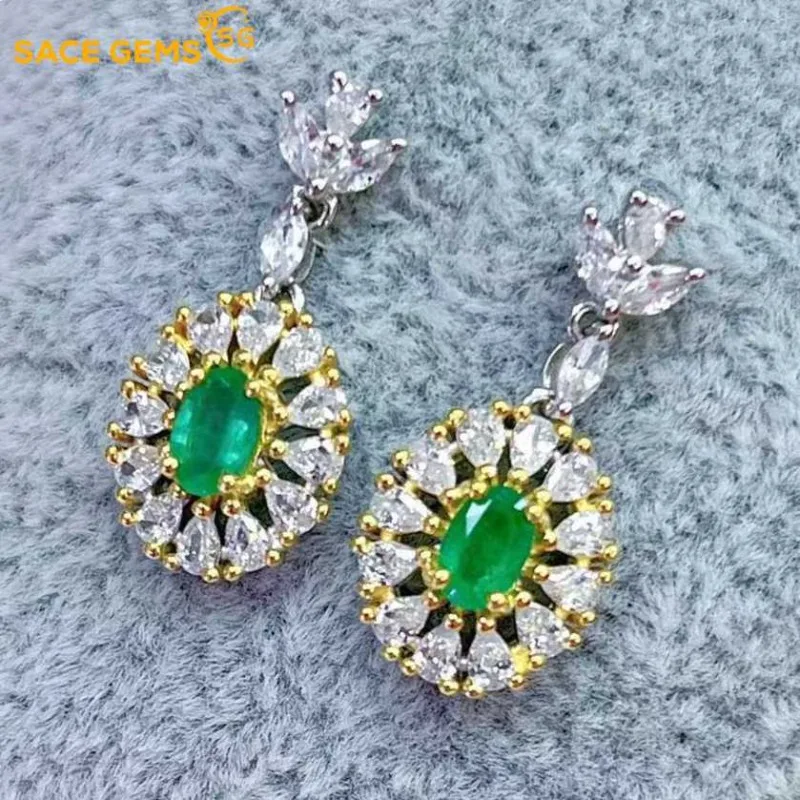 

SACE GEMS Certified Fashion Earrings for Women 925 Sterling Silver 4*6MM Natual Emerald Stud Earrings Wedding Party Fine Jewelry