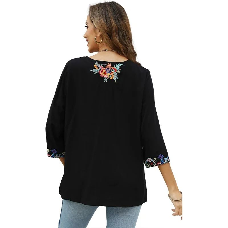 Eaeovni Embroidered Tops for Women 3/4 Sleeve Peasant Blouse Mexican Shirts V Neck Traditional Tunic Casual Tops