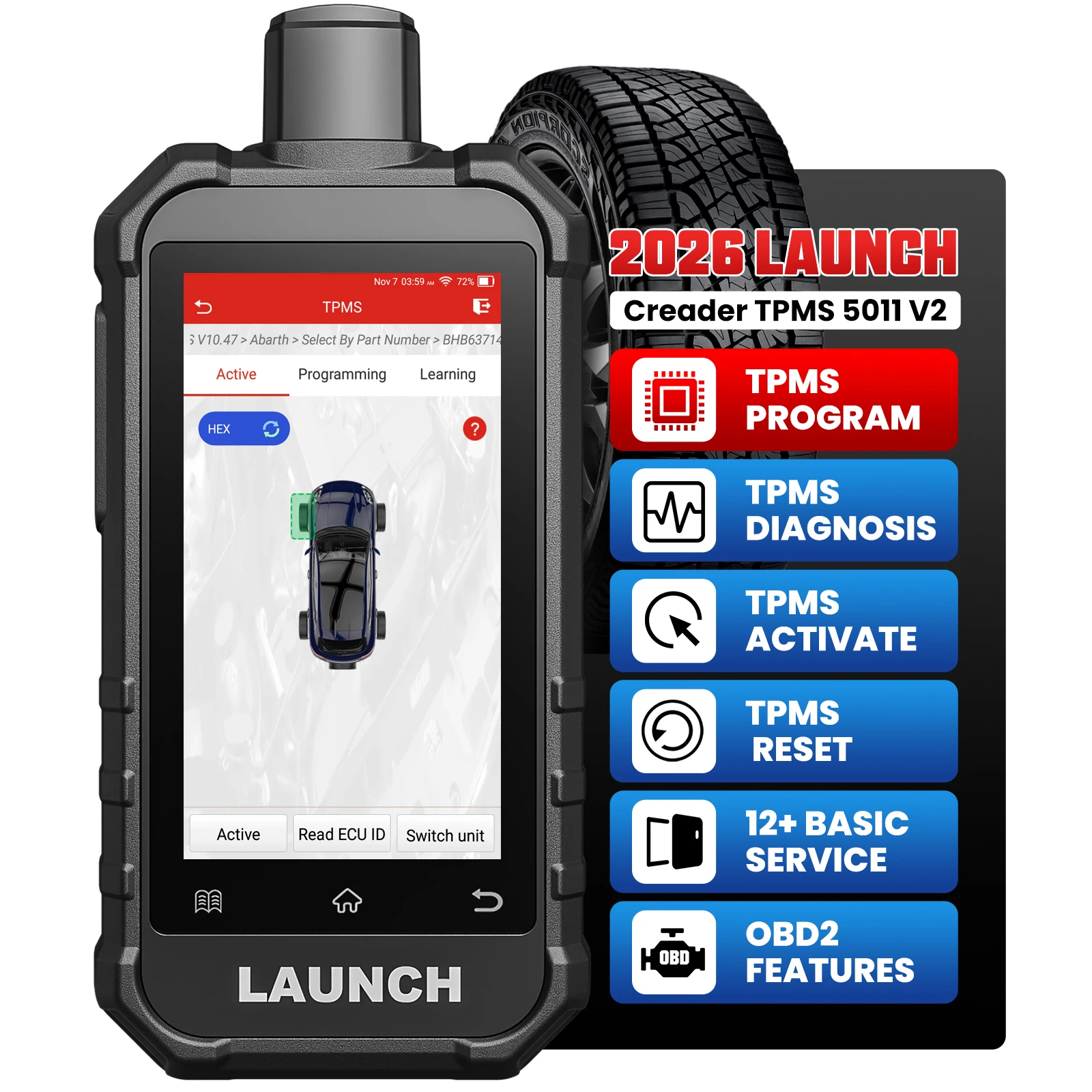 LAUNCH X431 Creader TPMS 5011 V2 Reifendruckkontrollsensor-Scanner unterstützt alle aktiven 315MHz 433MHz Sensoren mit 12 Reset-Servicefunktionen.