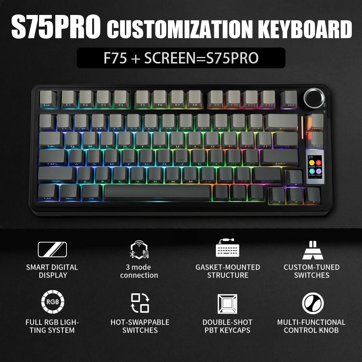 AULA S75 PRO Mechanical Keyboard Custom 75% Layout RGB Backlight Wireless Bluetooth Gaming Keyboard