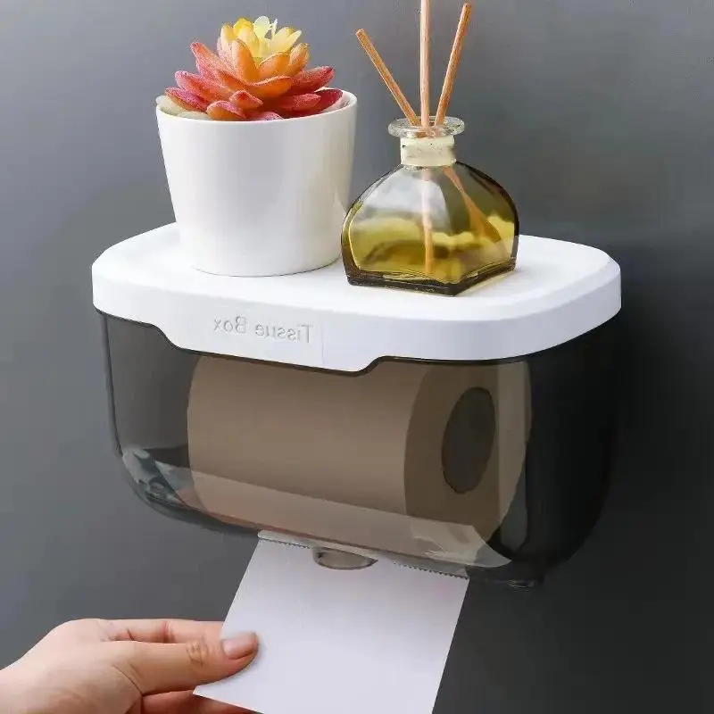 Wall Mounted Tissue Box Waterproof Design With Top Storage Shelf For Bathroom Kitchen Household Daily Use