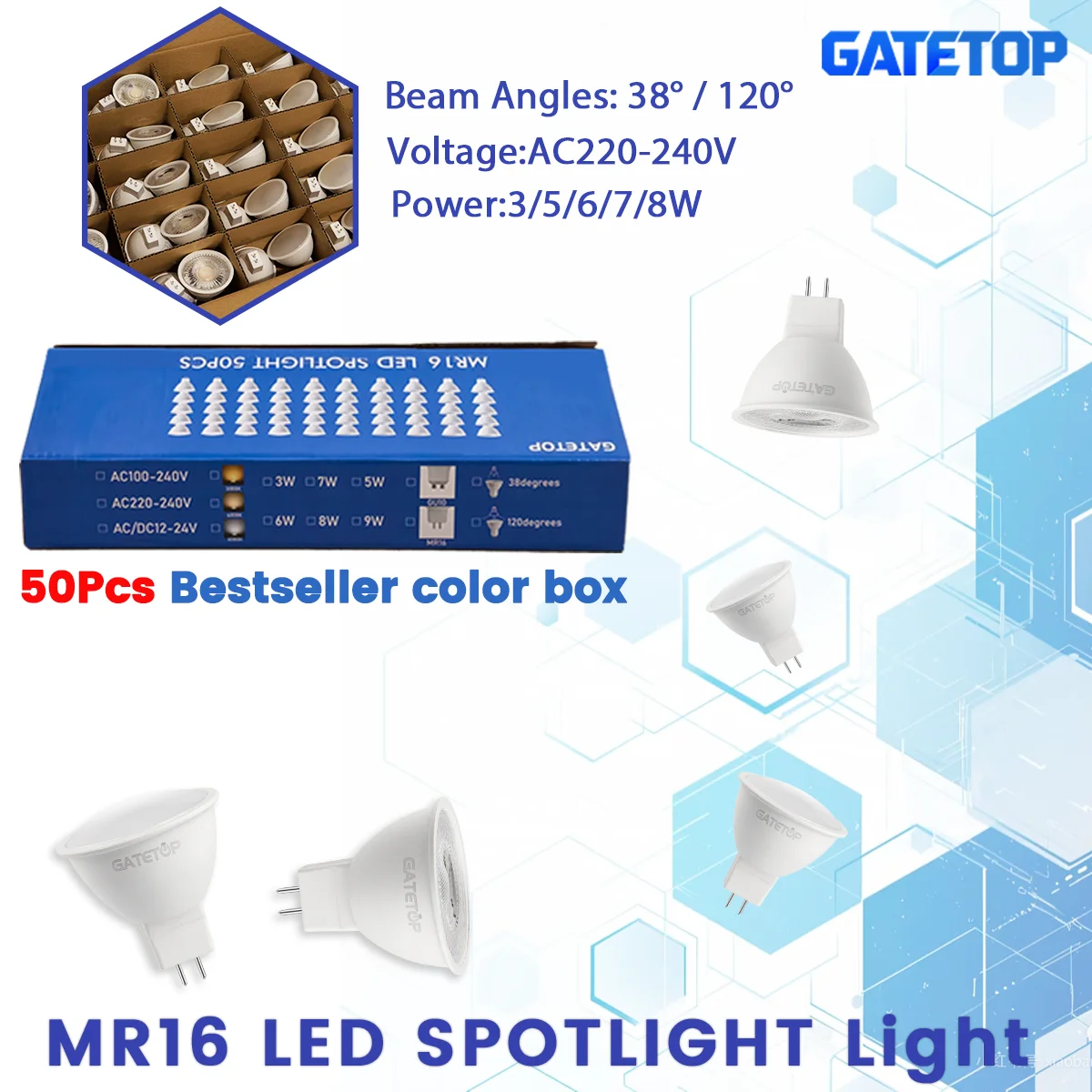 

50PCS LED Bulb MR16 GU5.3 Lampada Led Spot Light 3W 5W 6W 7W 8W 220V 120 38 Degree Bombillas Led Lamp Spotlight Indoor Lighting