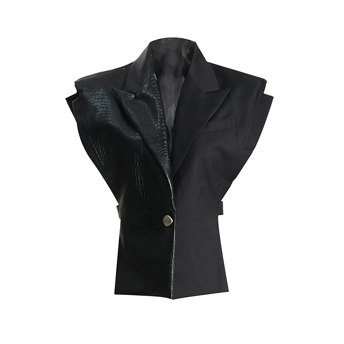 Women Splicing Suit Vest Sleeveless Autumn V Neck Faux Leather Spliced Waist Cinching Slim Fit Female Patchwork Belted jacket
