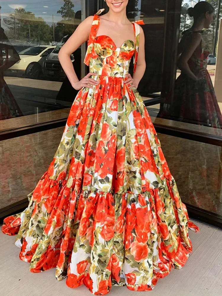 New Backless Printing Big Swing Dresses Spring Women Sleeveless Wrap the Chest Dress Summer High Waist Zipper Floor Length Dress