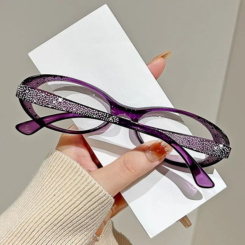 Neue Damen-Luxus-Diamant-Lesebrille, lila und schwarz, trendige Weitsichtbrille, Damen-Brille mit blauem Licht blockierende Brille