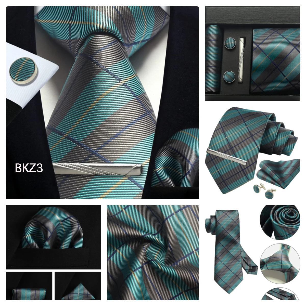 Klassische Herrenkrawatten aus 100 % Seide in Geschenkbox, 8 cm, kariert, gepunktet, gestreift, Business-Krawatte, Einstecktuch, Manschettenknöpfe, Hochzeitskrawatten-Set – Detail 27