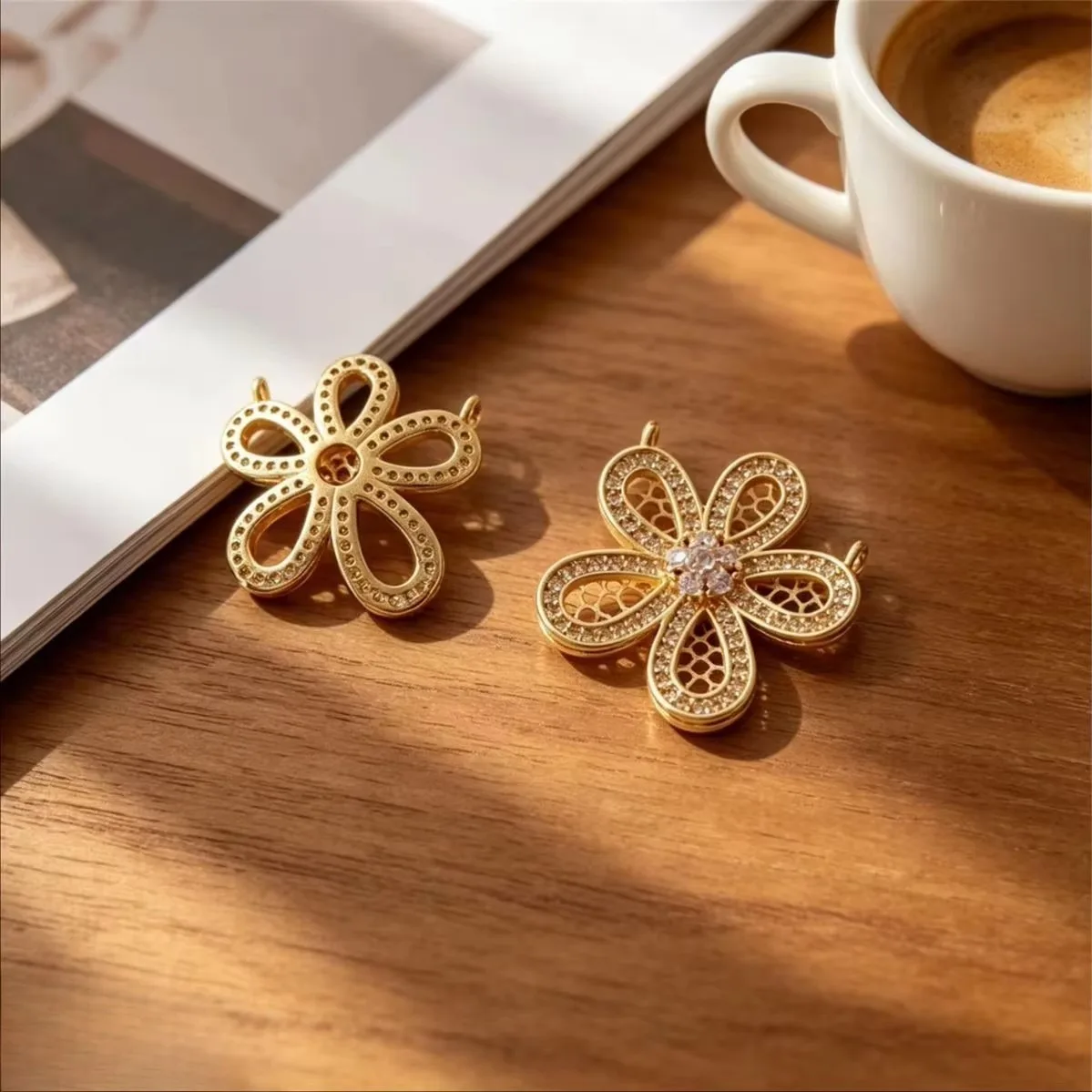 14K Gold Filled Anti-Tarnish Micro Pave CZ Flower Charms DIY Pearl Clavicle Necklace Jewelry Findings