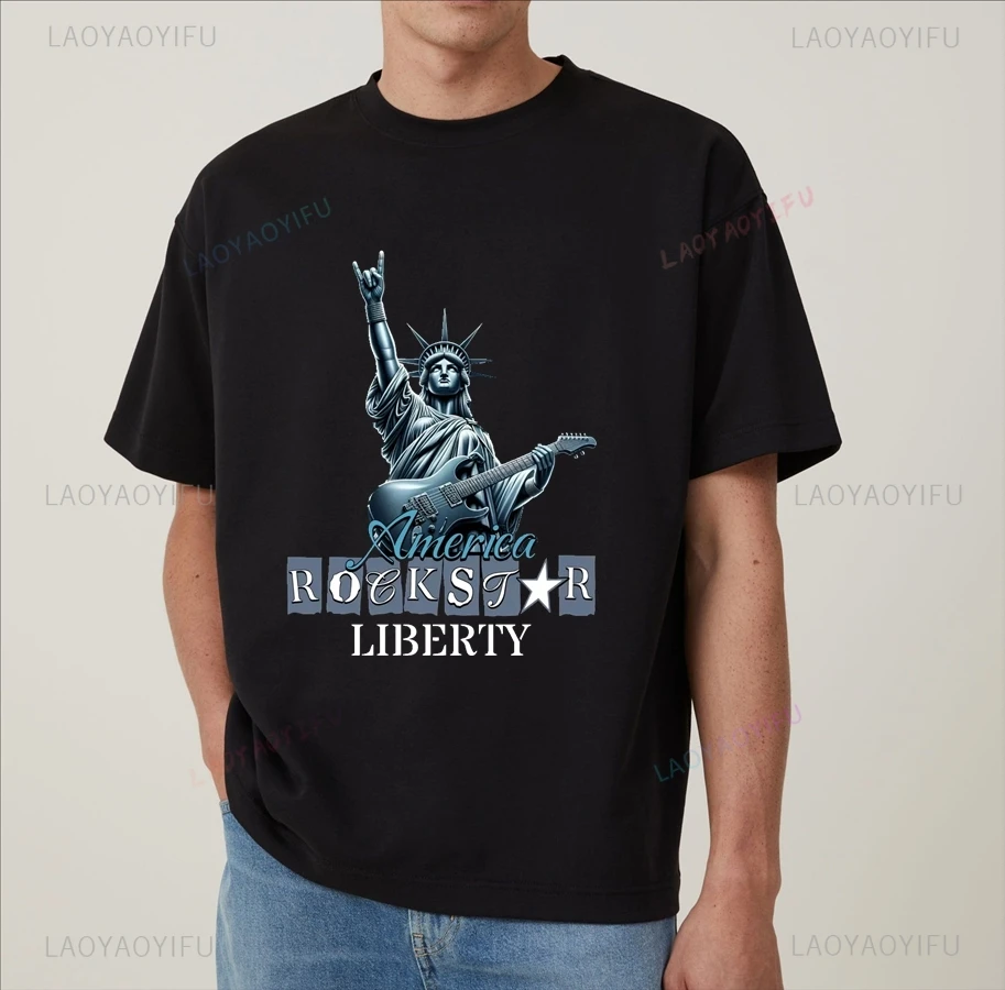 American Statue of Liberty Print T-shirt, Spring and Summer Daily Streetwear Men's Oversized T-shirt Short-sleeved Casual Shirt