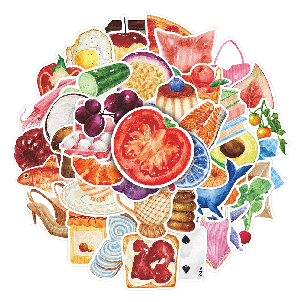 

10/30/66pcs Cute Watercolor Mediterranean Food Aesthetic Stickers DIY Notebook Phone Suitcase Diary Cartoon Art Graffiti Sticker