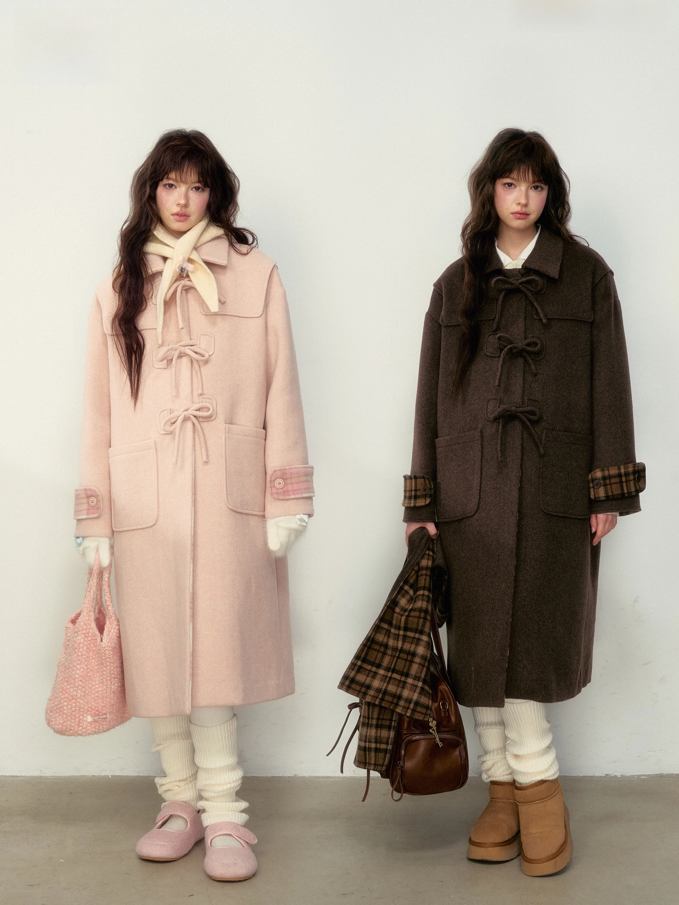 SunsetPark Vintage Bear Plaid Woolen Coat with Bow Tie Cuff Button Long Sleeve Women's Winter Fashion Outerwear