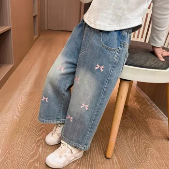 Girls Butterfly Wide-Leg Jeans 3 Girls' Jeans Straight Wide Leg Washed Soft Cow Pine Girl All-Match Wide and Long Pants Spring New 3